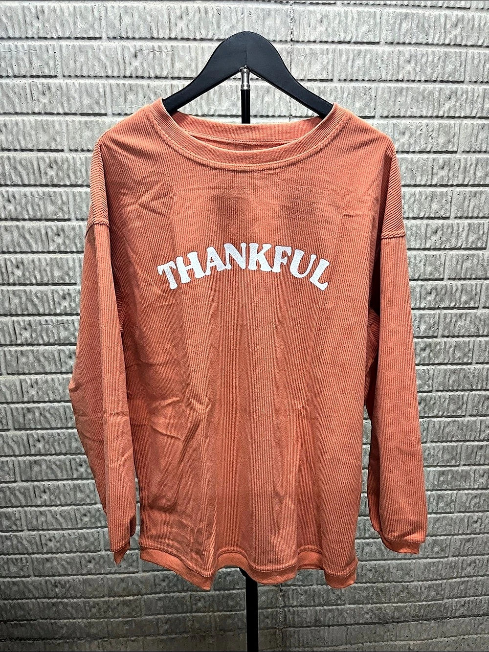 Lovesoft Orange Thankful Ribbed Crew Neck Thanksgiving Sweatshirt Large
